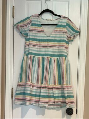 Altar'd State Girls' Teal, White & Yellow Striped V-Neck Dress